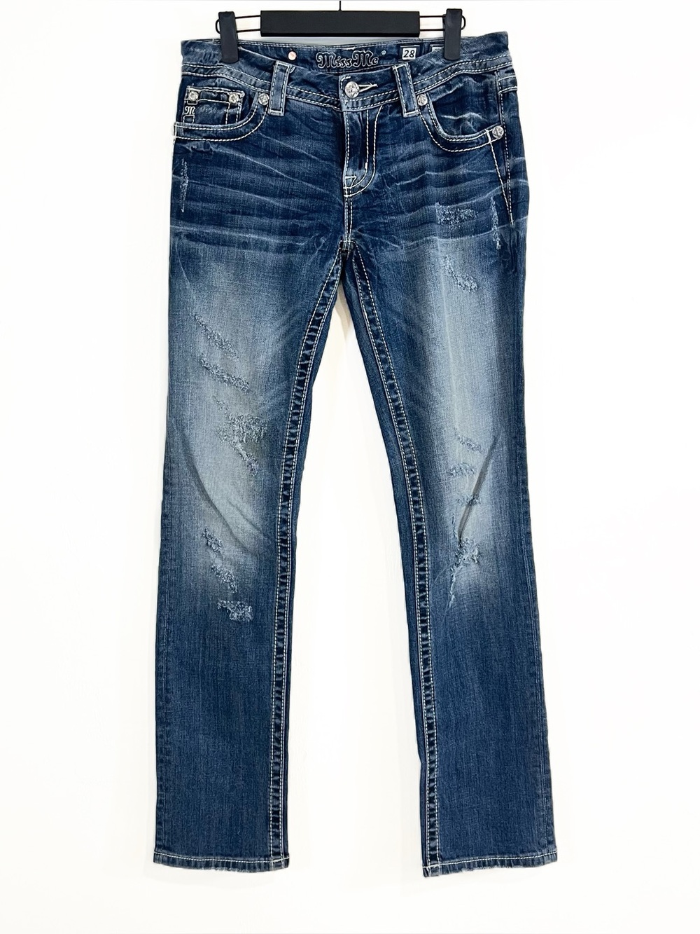 Miss Me Signature Straight Rhinestone Embellished Pockets Denim Jeans Size 28